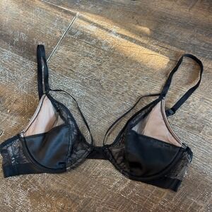 Victorias Secret Very Sexy Unlined Plunge Bra Strappy Satin Semi Sheer 32C Black